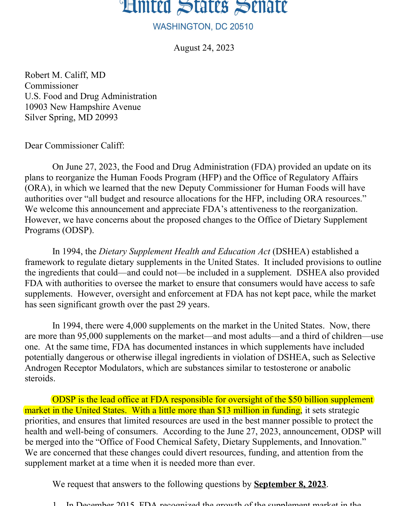 The referee's budget, in the senators' own letter: Senators Richard J. Durbin and Richard Blumenthal, letter to FDA Commissioner Robert M. Califf, August 24, 2023, page 1, via durb