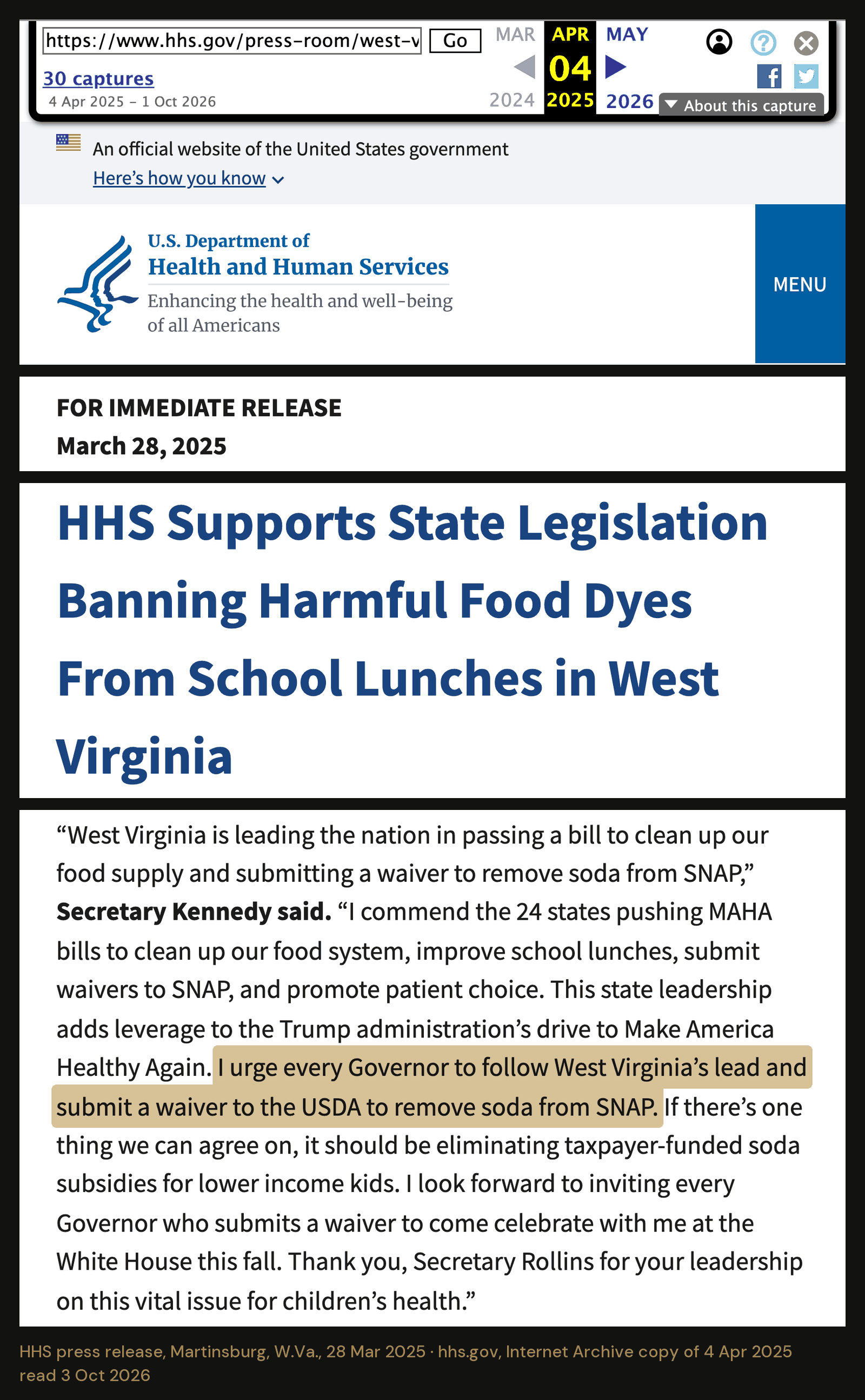 Health Secretary Robert F. Kennedy Jr.’s words in his department’s release of 28 March 2025, as the Internet Archive saved it on 4 April 2025. The live page carried the same words