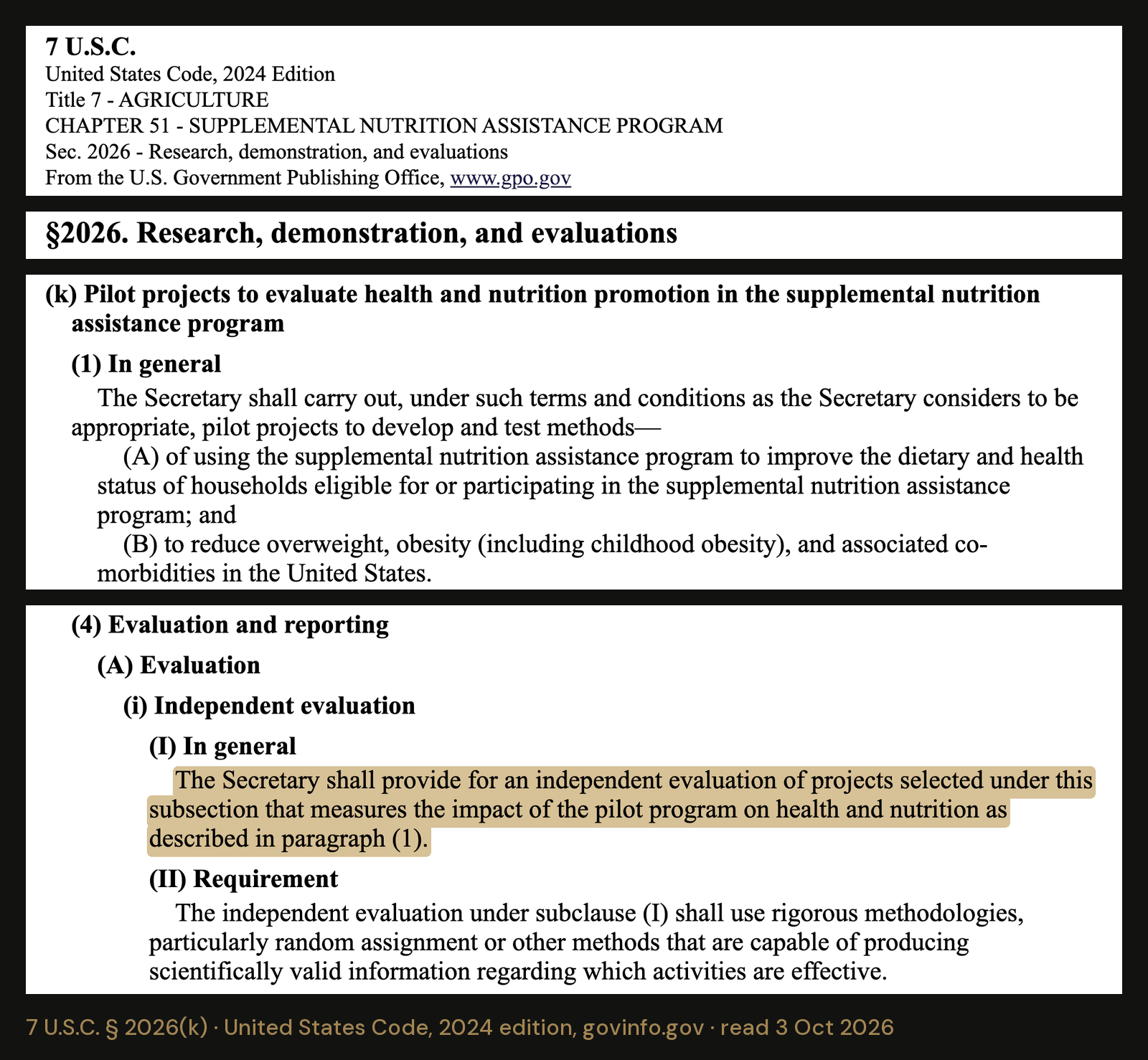 Section 2026(k), the part of the law Congress wrote in 2008 for health pilots, in the U.S. Code’s 2024 edition. It requires an independent evaluation. Searching all twenty-three ap