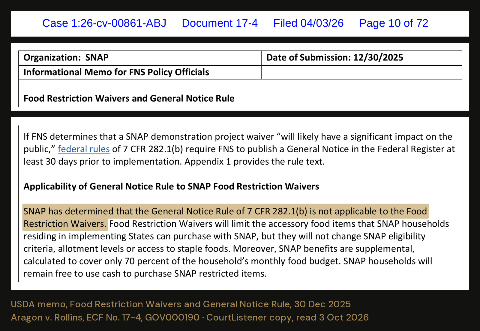 USDA’s internal memo of 30 December 2025, from the record USDA filed in the case. It decided the public notice rule did not apply. The court vacated the memo on 22 June 2026.