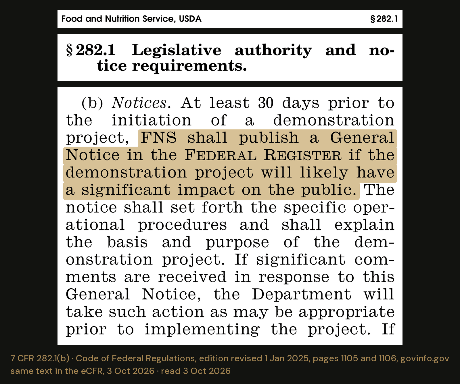 USDA’s own notice rule, 7 CFR 282.1(b), in the official print edition of the federal regulations revised 1 January 2025. The online edition read the same on 3 October 2026. The cou
