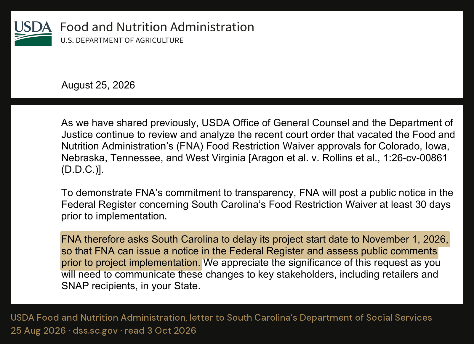 USDA’s nutrition agency wrote to South Carolina on 25 August 2026. The letter names the court order. It asked the state to delay its start so the agency could assess public comment