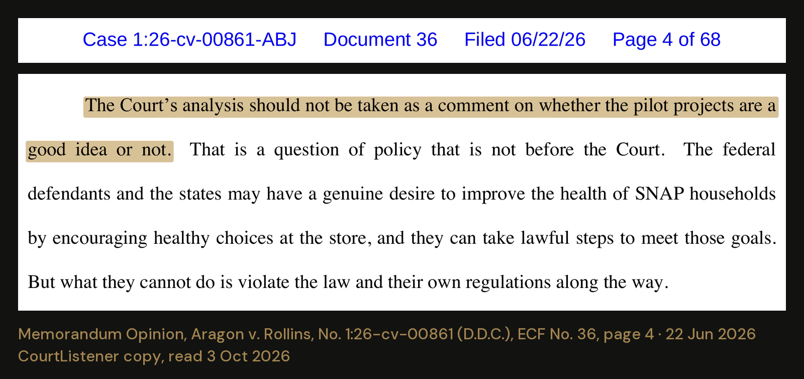 The judge’s own limit on her ruling, page 4 of the opinion of 22 June 2026. She decided what the law allows. She did not decide whether the projects are a good idea.