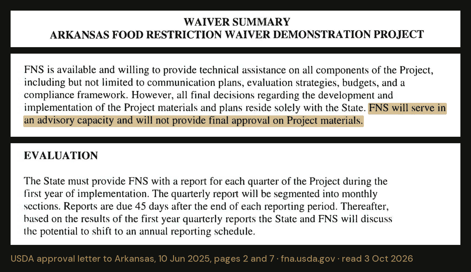 From the same Arkansas approval. Final decisions on the project’s materials and plans rest with the state. USDA serves in an advisory capacity. The state reports to USDA each quart