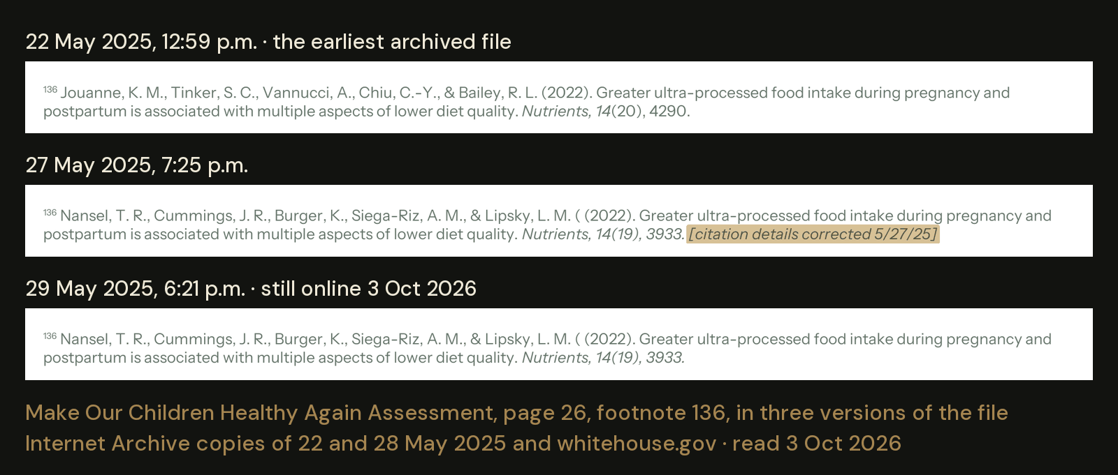 Footnote 136 on page 26 of the MAHA report, in three versions of the file. The May 27 file corrected the authors and location and added a dated note. Both May 29 files keep the fix