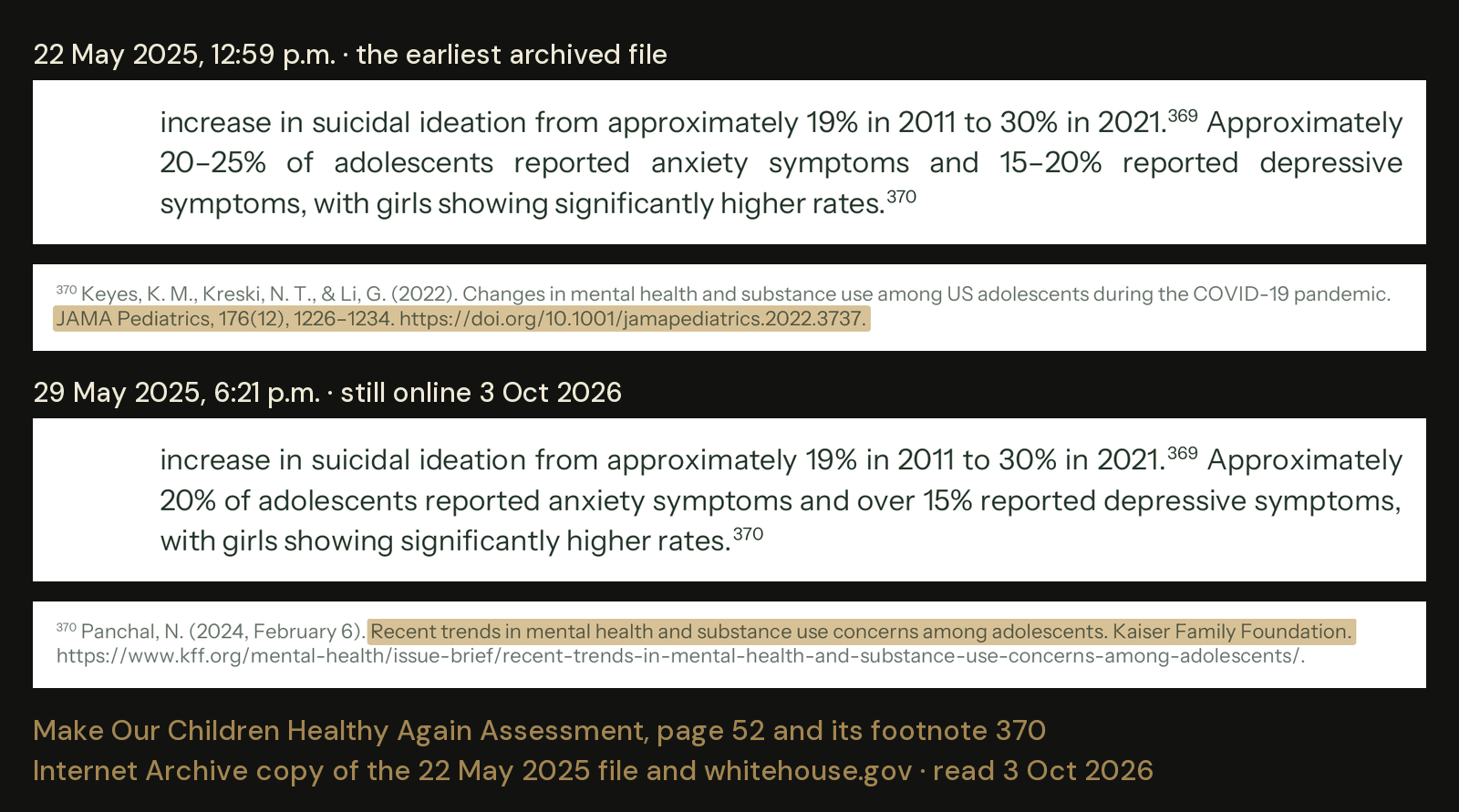 Page 52 of the MAHA report in its earliest archived file and in the file whitehouse.gov served on October 3, 2026. The first file cited a 2022 JAMA Pediatrics paper whose DOI was n