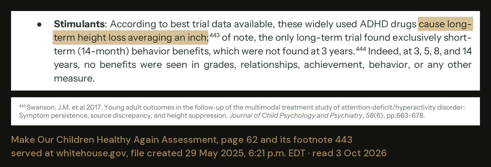 Page 62 of the MAHA report file that whitehouse.gov served on October 3, 2026. It says the drugs “cause long-term height loss averaging an inch” and cites, in footnote 443, the 201