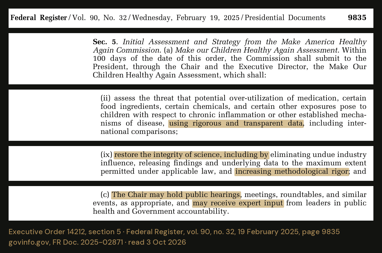 Section 5 of Executive Order 14212, as printed in the Federal Register on February 19, 2025, page 9835. Read October 3, 2026.