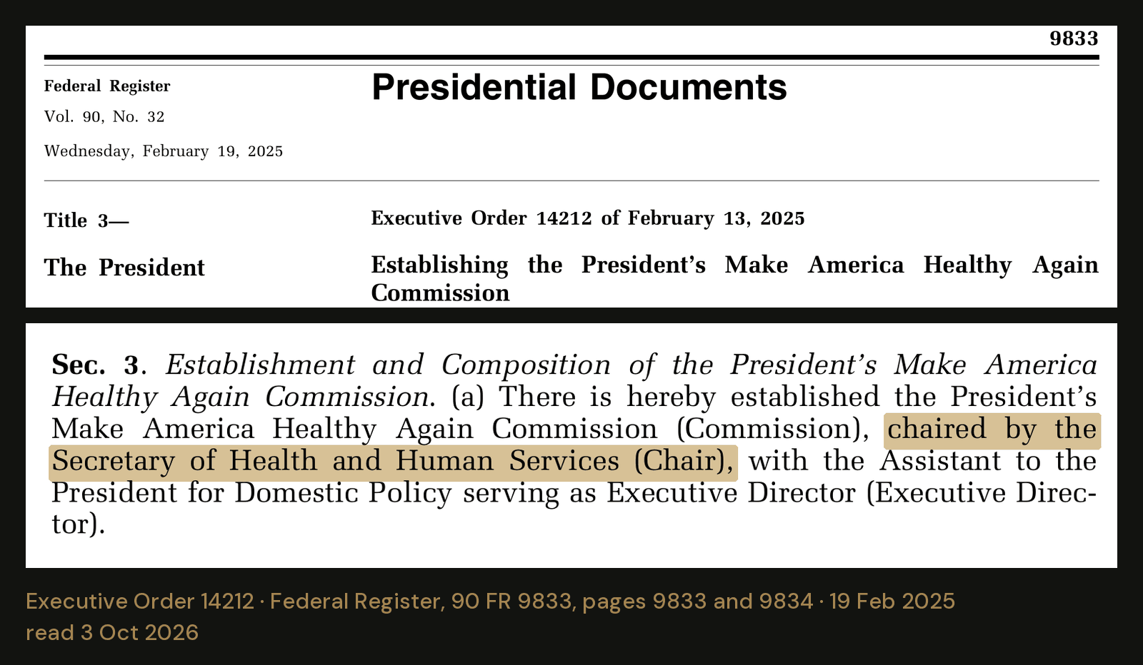 The order that created the MAHA Commission, as printed in the Federal Register on 19 February 2025. The heading is from page 9833 and Section 3 from page 9834. The highlighted word