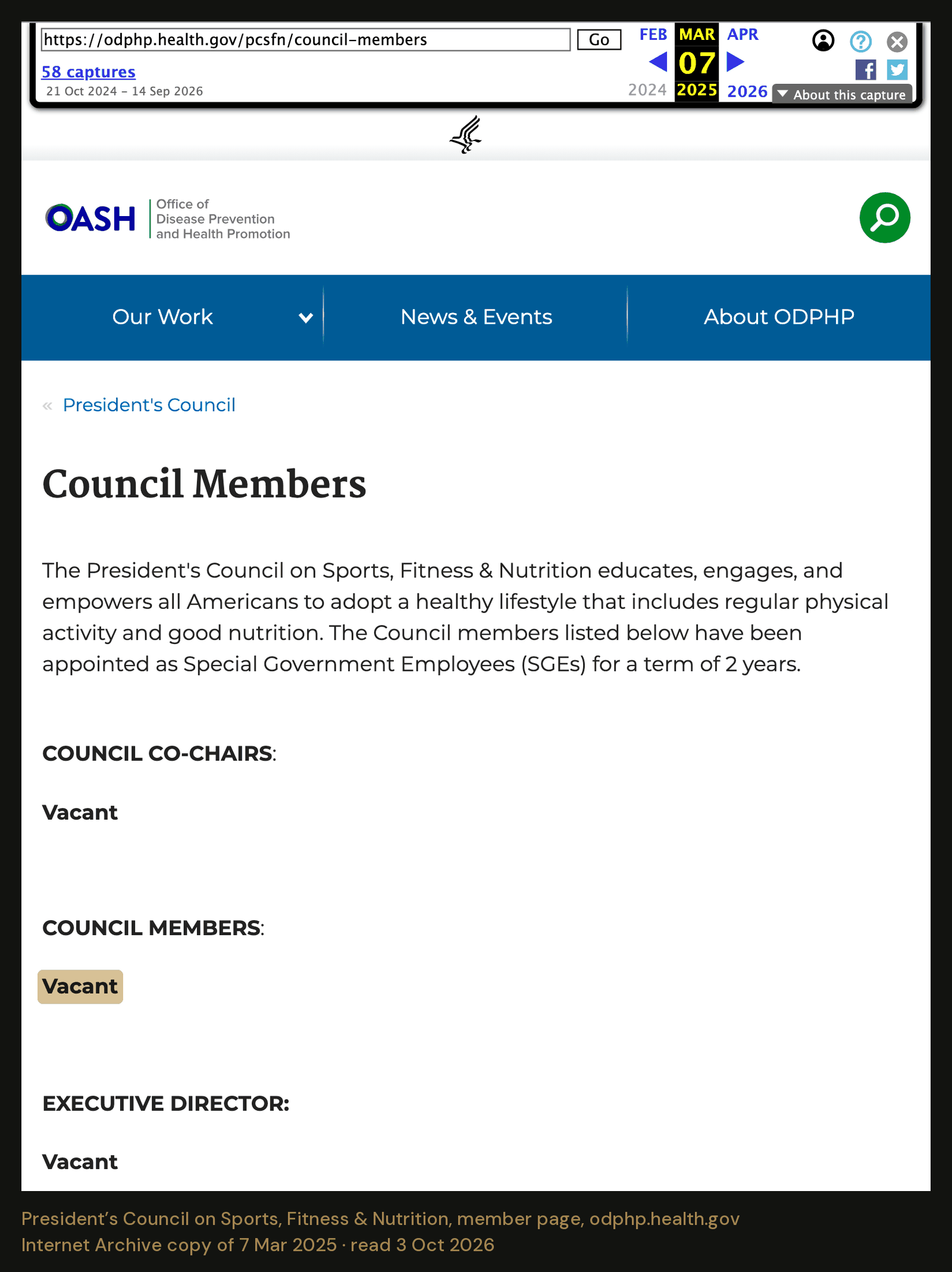 The President’s Council member page as the Internet Archive saved it on 7 March 2025. Every line reads “Vacant.” On 28 February the highlighted line had listed sixteen members; the