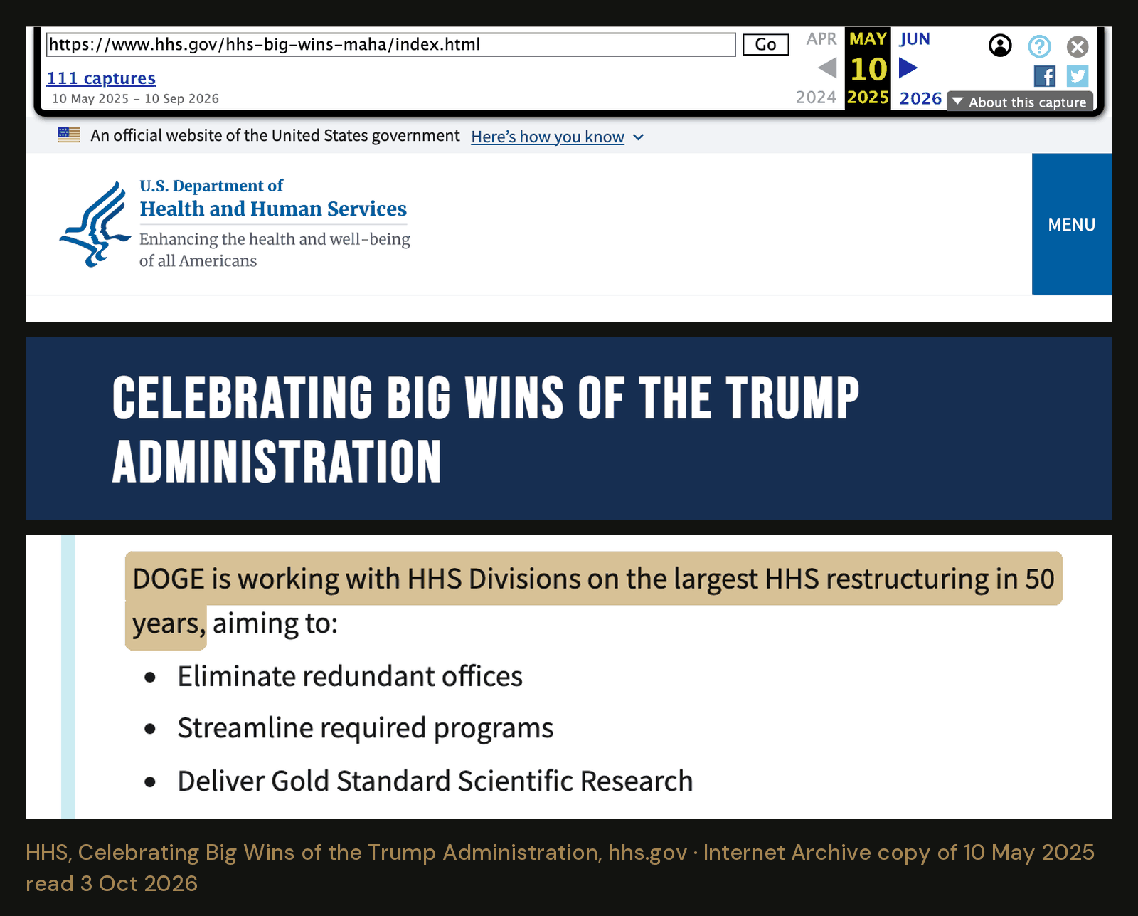 HHS’s own web page, as the Internet Archive saved it on 10 May 2025. It puts DOGE inside the restructuring but does not say which decisions were DOGE’s. The header, title and highl