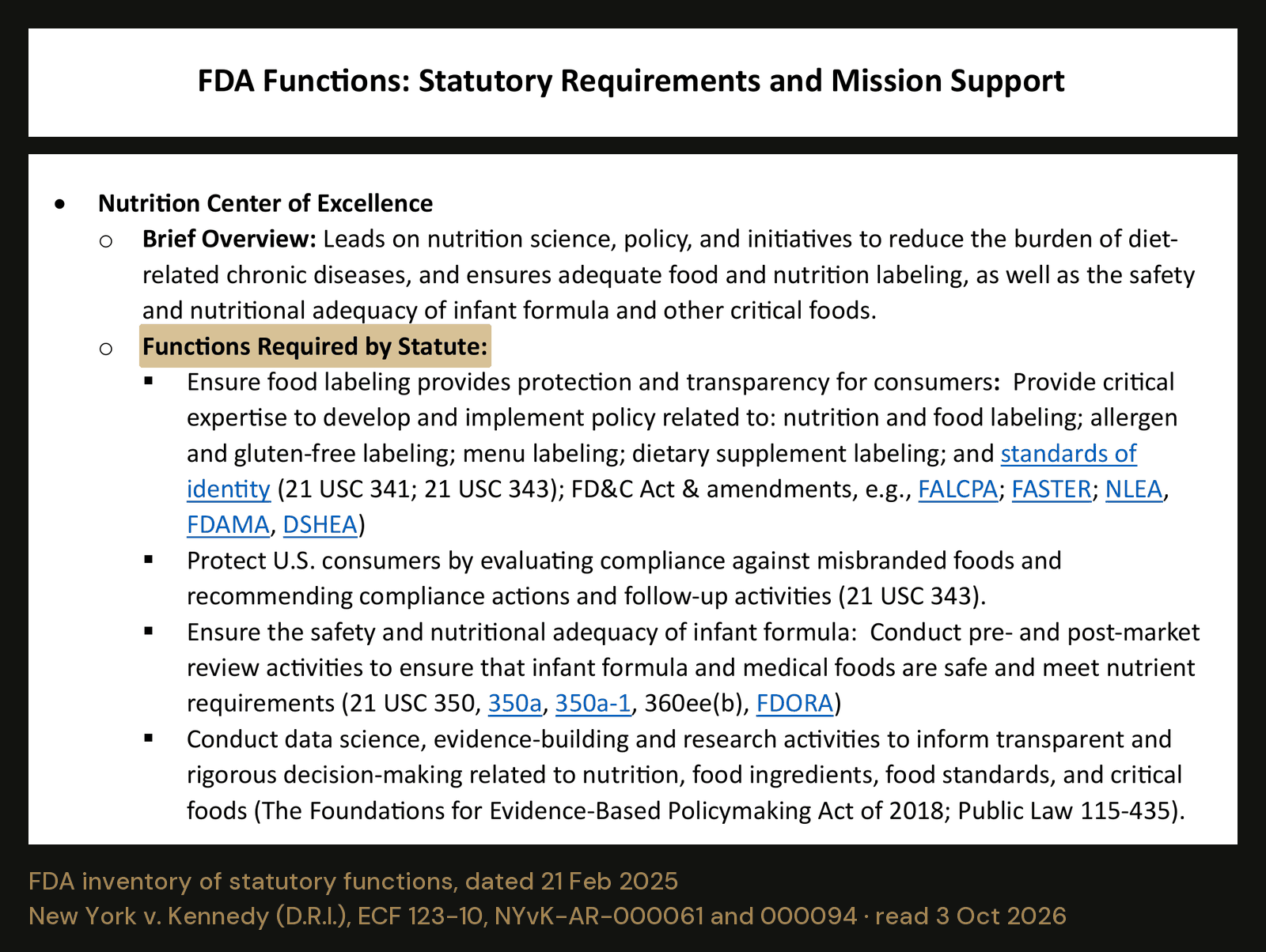 FDA’s inventory, dated 21 February 2025, lists the work of its Nutrition Center of Excellence under “Functions Required by Statute.” It is part of the record HHS certified in the s