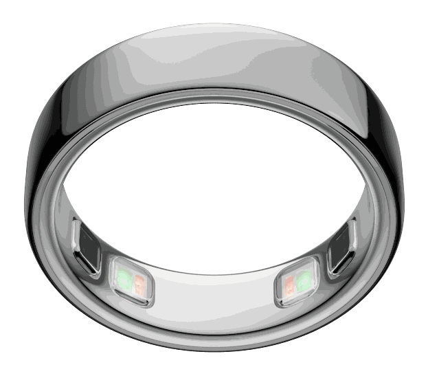 The Oura Ring 5 smart ring, three-quarter view, silver