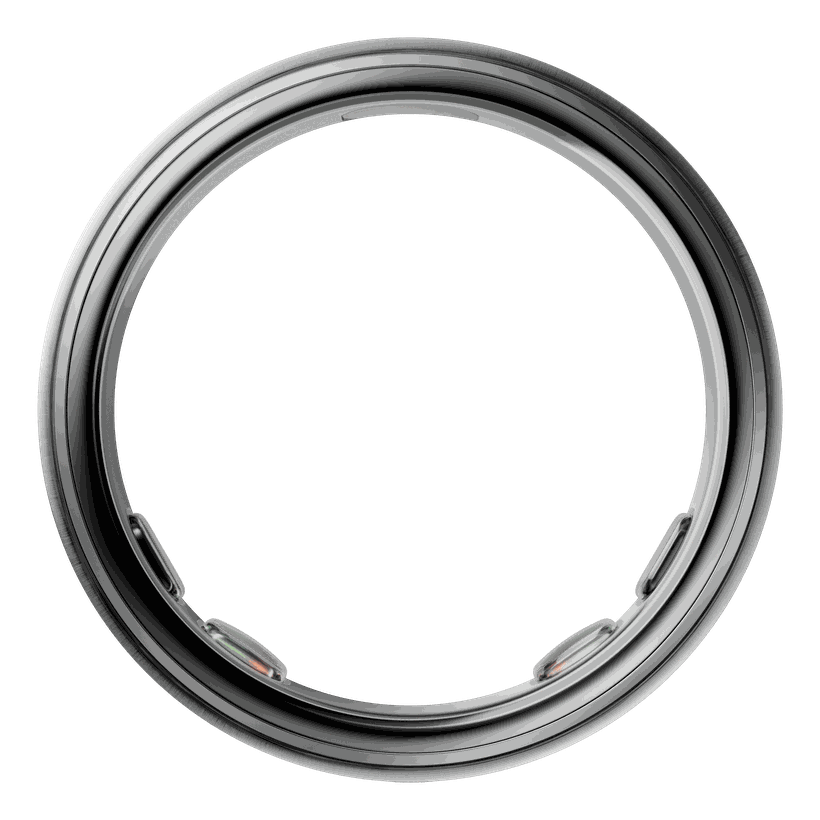 The Oura Ring 5 smart ring, front view, brushed silver